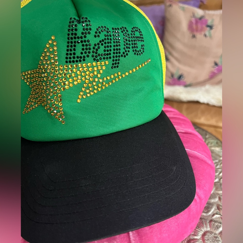 BAPE STA Swarovski Trucker Green and Yellow Star Trucker Hat A Bathing Ape NIGO